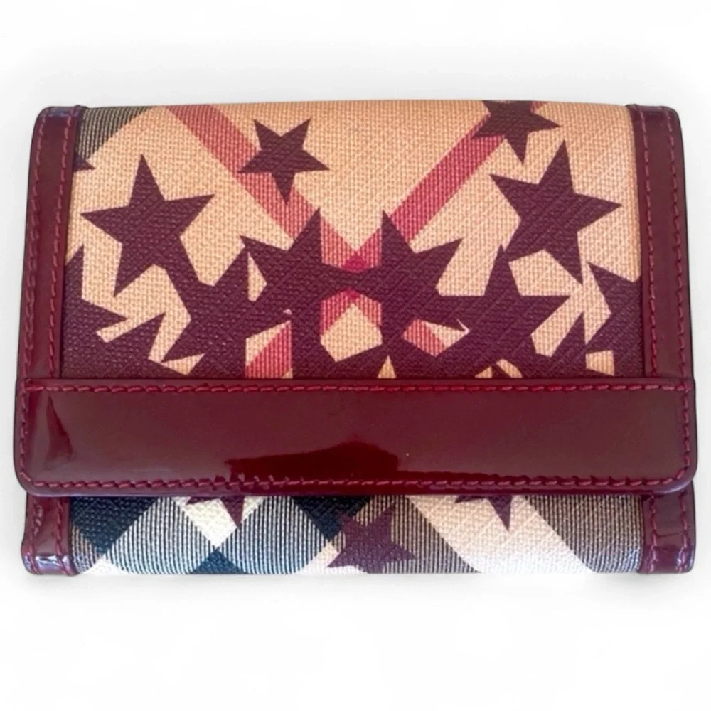 BURBERRY Maroon & Tan Star Print Canvas & Patent Leather Wallet, EUC